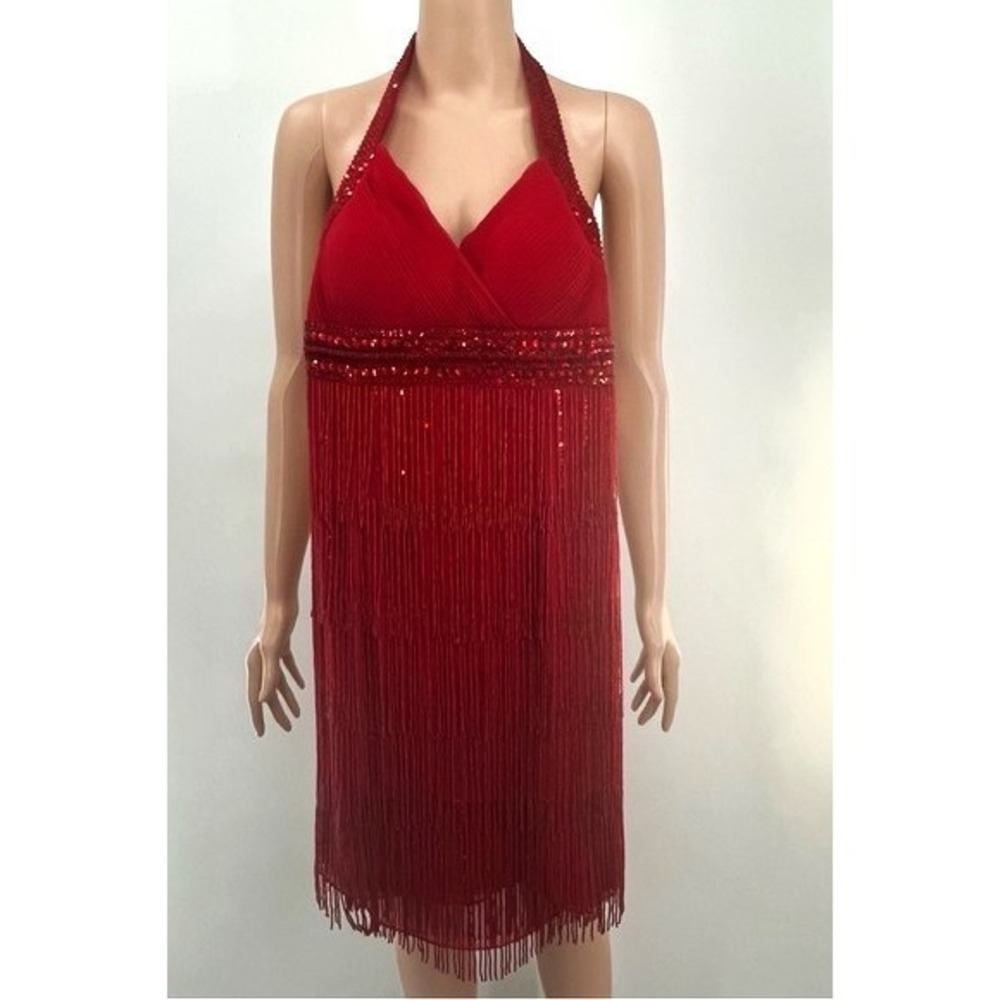 Scala Red Silk Sequin Fringe Halter Flapper INSPO Dress XS 1920s Gatsby Cocktail